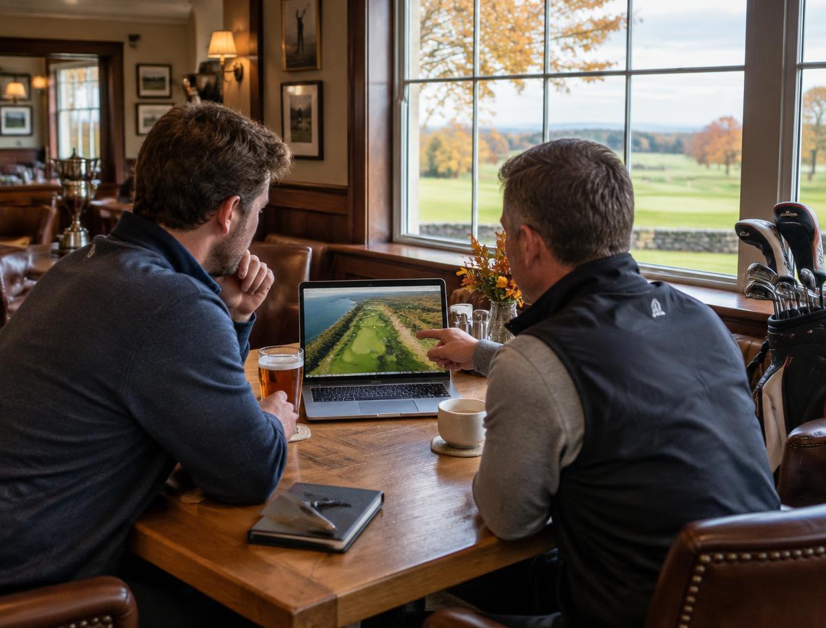 Two golfers in a clubhouse planning a round on a laptop